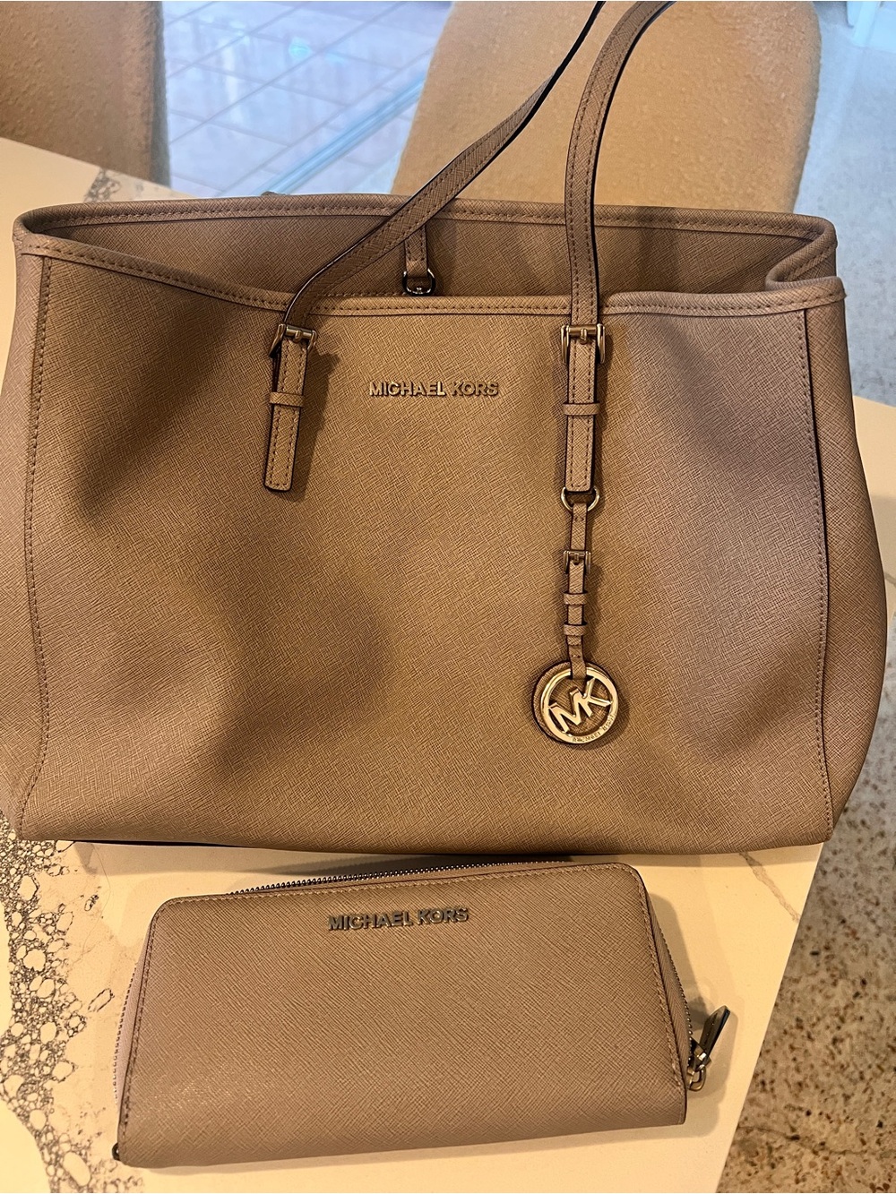 Michael Kors Grey Saffiano Leather Tote with Matching Wallet